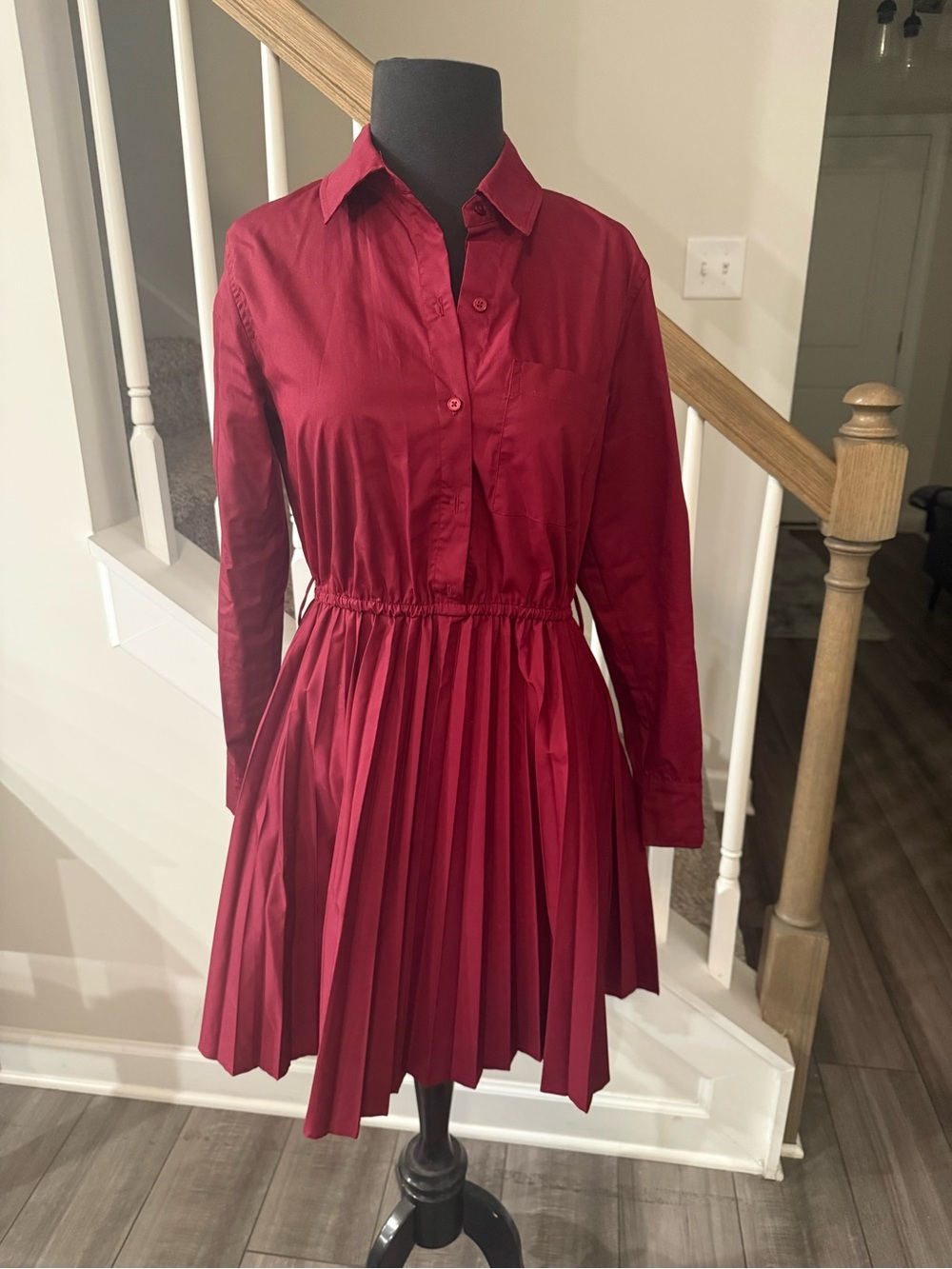 Women’s Long-Sleeve Pleated Shirt Dress — Deep Wine